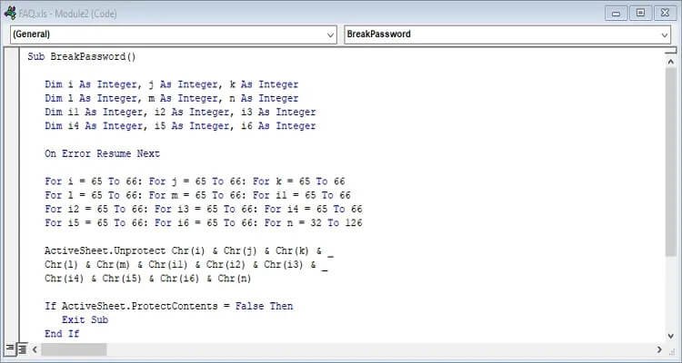 cracking password file excel codice vba