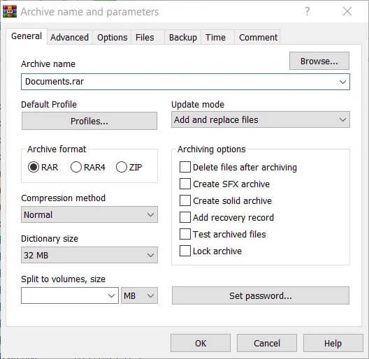 nome do arquivo e janela de parâmetros no winrar