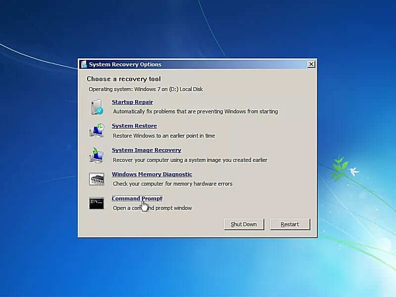 scegliere prompt dei comandi nelle opzioni di ripristino del sistema di windows 7
