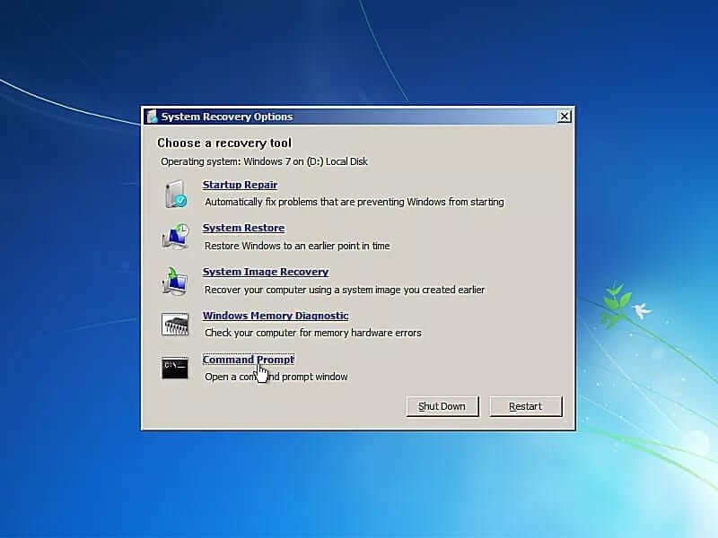 เลือกพรอมต์คำสั่งในตัวเลือกการกู้คืนระบบ windows 7