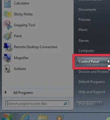 pannello di controllo nel menu di avvio di windows 7