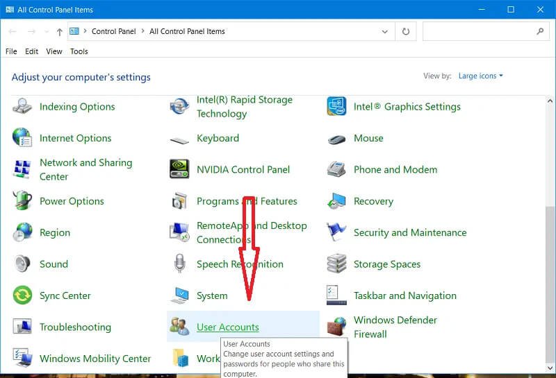 account utente del pannello di controllo windows 10