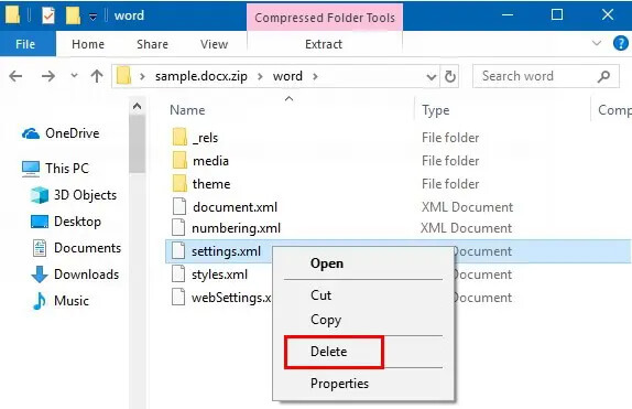 eliminar la configuración xml para eliminar la contraseña del archivo de Word