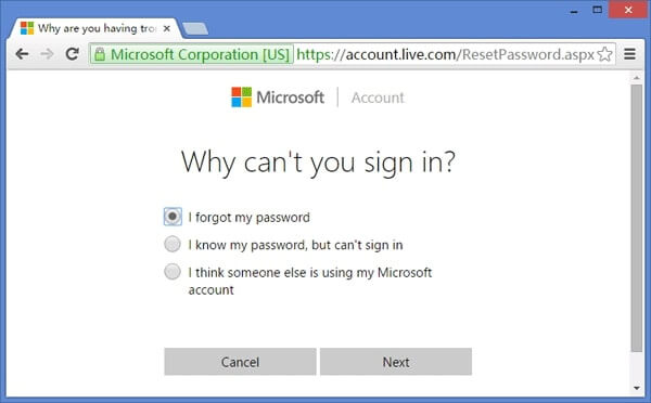 microsoft i forgot password box option hervorgehoben