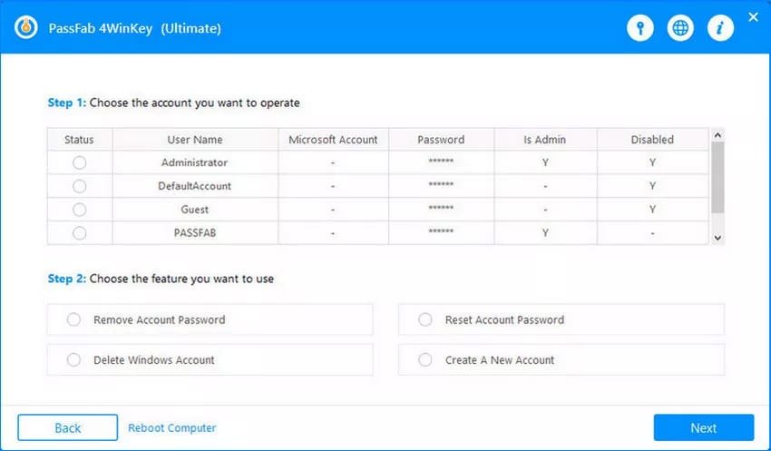 passfab 4winkey manage accounts screen