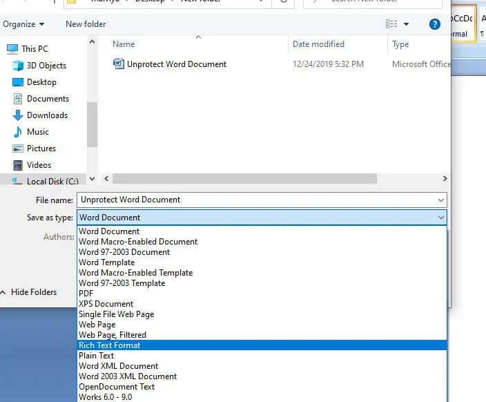 rimuovere la password dal file di Word salvando come formato RTF