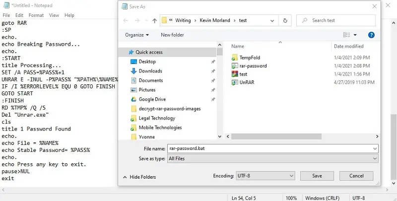 salvare un file batch in Windows