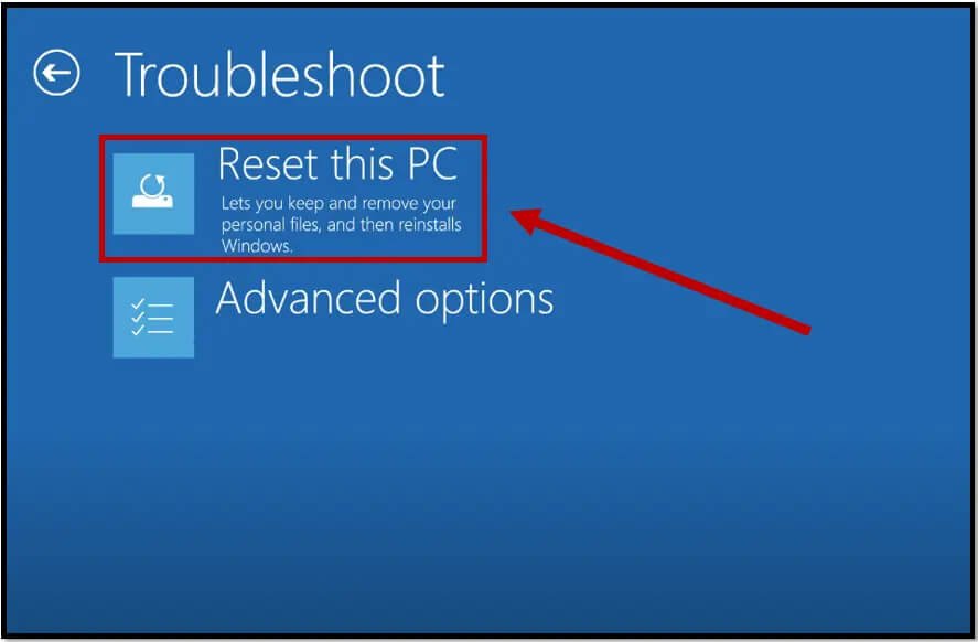 seleccione la opción de reiniciar este PC en la sección de resolución de problemas