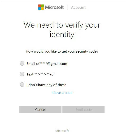 select where you want to receive a code for microsoft