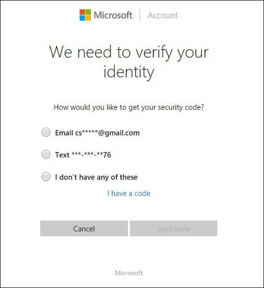 select where you want to receive a code for microsoft