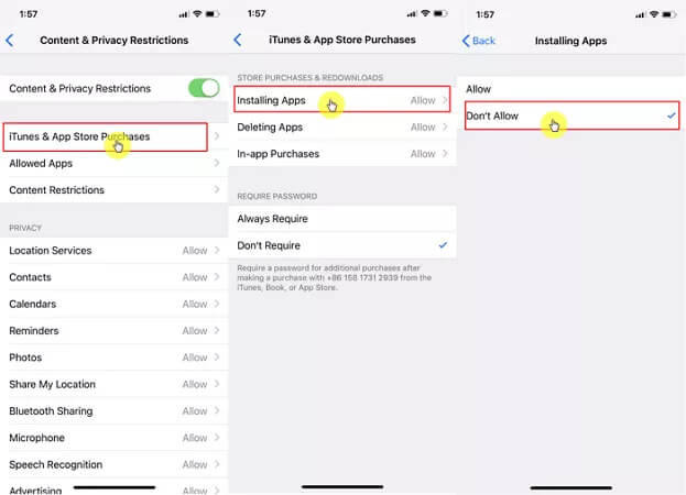 set itunes and app store purchase restrictions