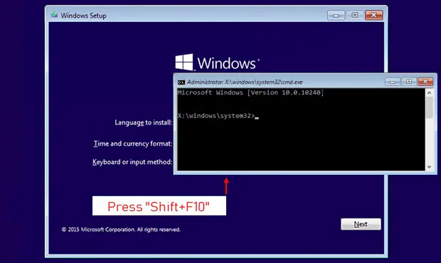 Windows 10でshift f10キーを押しながらコマンドプロンプトを開く