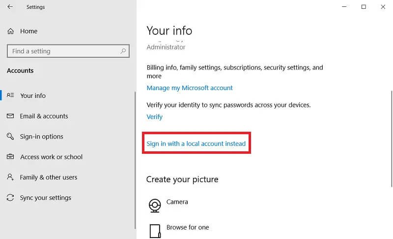 accedi con un account locale invece di Windows 10