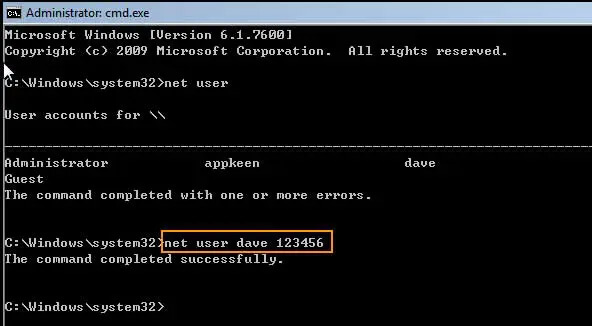 zadejte příkaz net user pro obnovení hesla systému windows 7 bez disku