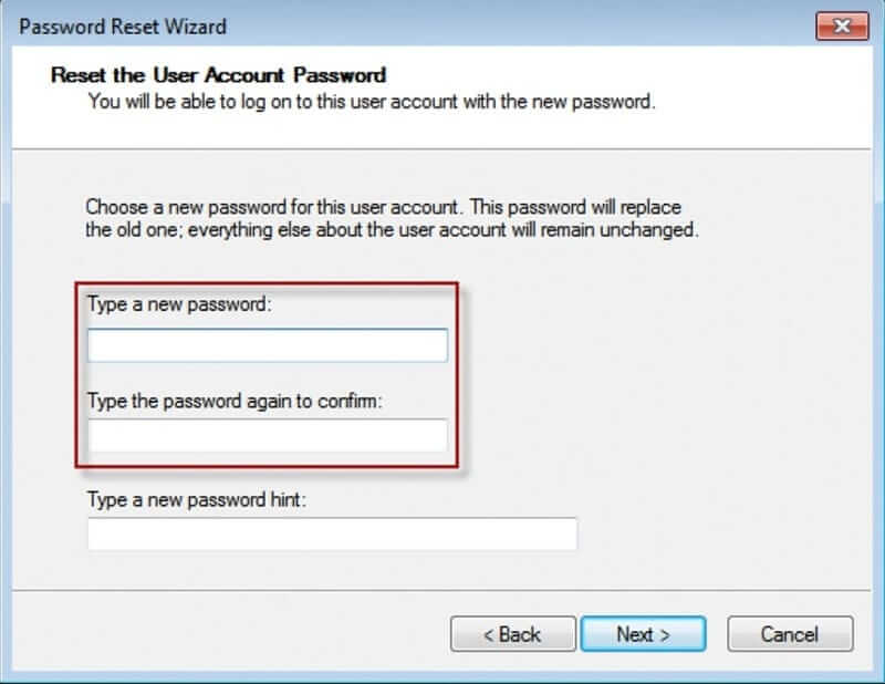パスワードリセットウィザードで新しいパスワードを入力する