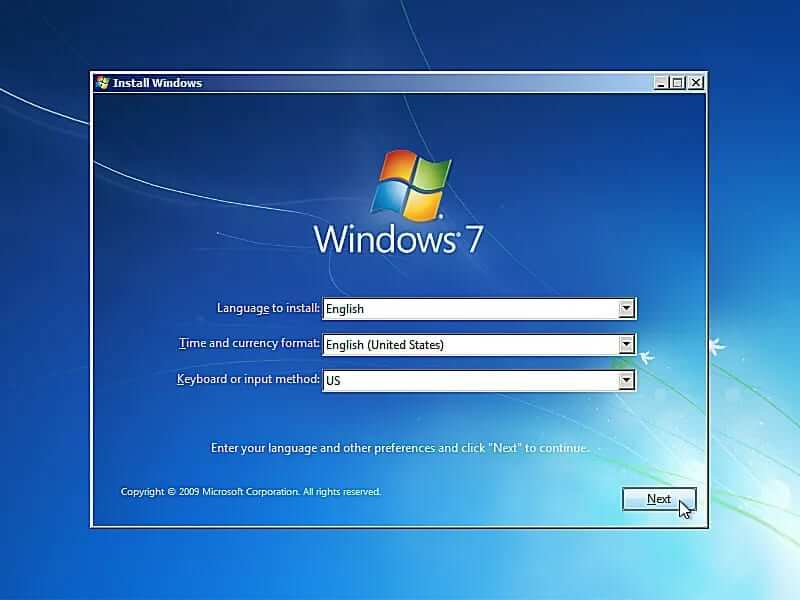 instalační obrazovka systému windows 7