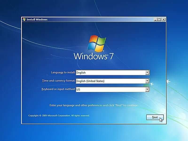 windows 7のインストール画面