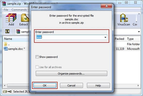 décompresser le fichier ZIP protégé par un mot de passe dans WinRAR.