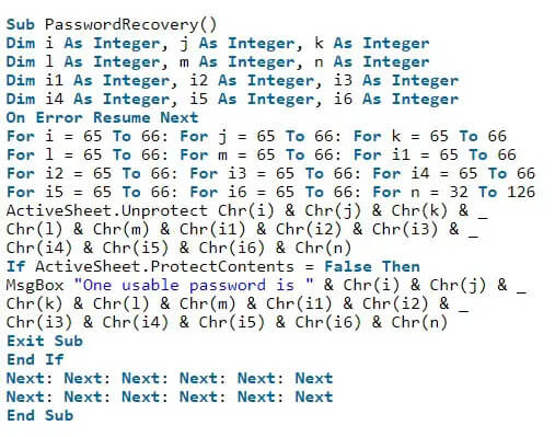 enter vba code to recover forgotten excel password