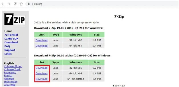 installer l'outil de compression 7zip