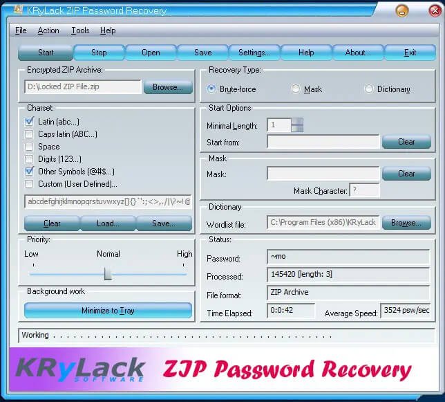 krylack zip password recovery