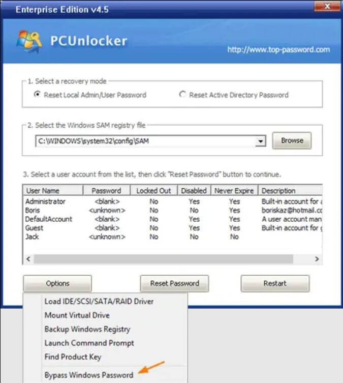 pcunlocker バイパスパスワードオプション