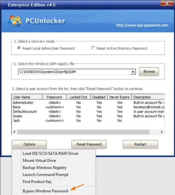 pcunlocker バイパスパスワードオプション