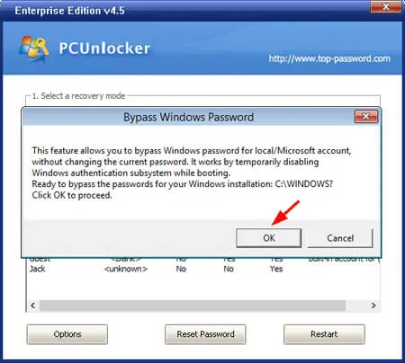 pcunlocker conferma il bypass della password
