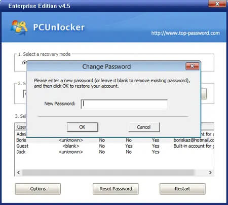 pcunlocker ein neues Windows-Passwort eingeben