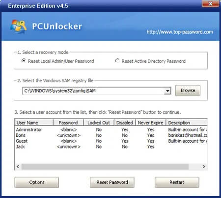 pcunlocker reset local user admin password