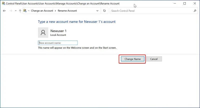 rinominare l'account utente di windows 10