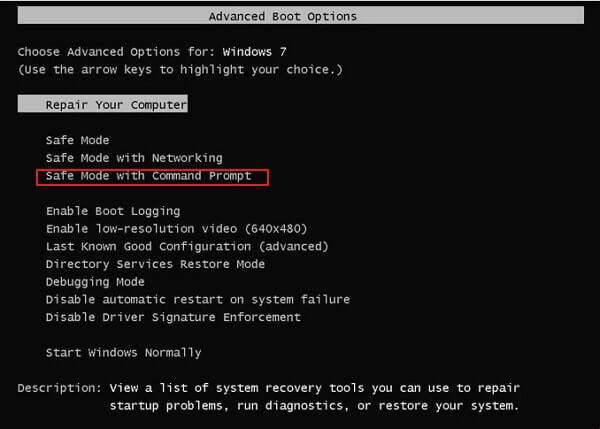 safe mode with command prompt in windows 7