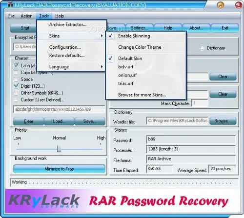 chỉ định bộ ký tự trong khôi phục mật khẩu krylack rar