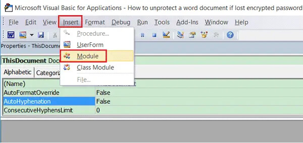 unprotect word document with vba code