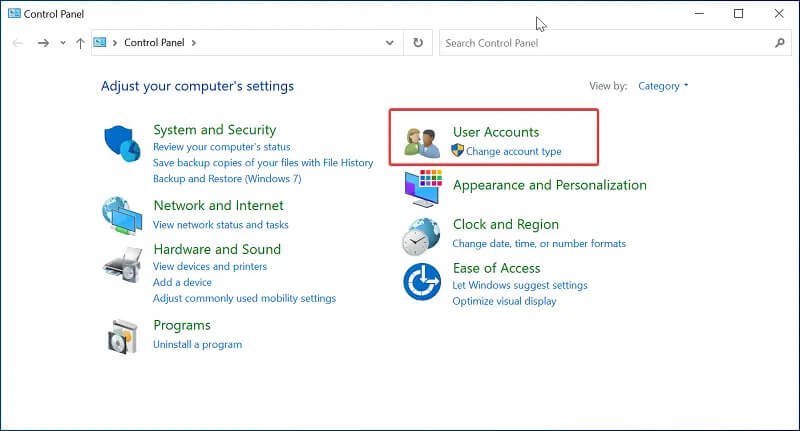 pannello di controllo degli account utente di windows 10